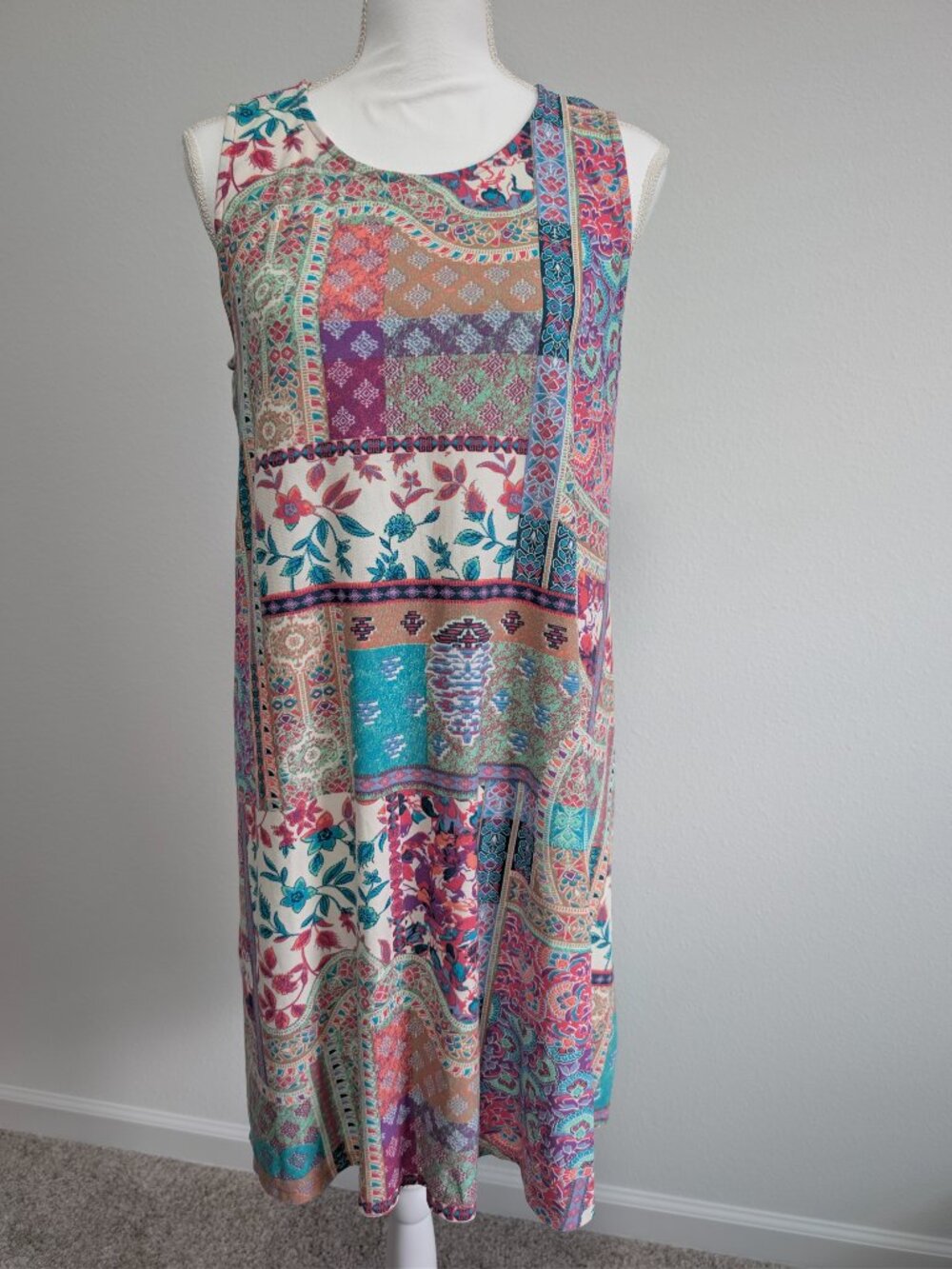 Allison Britney Boho Patchwork Sleeveless Shift Dress Vibrant Geometric Medium